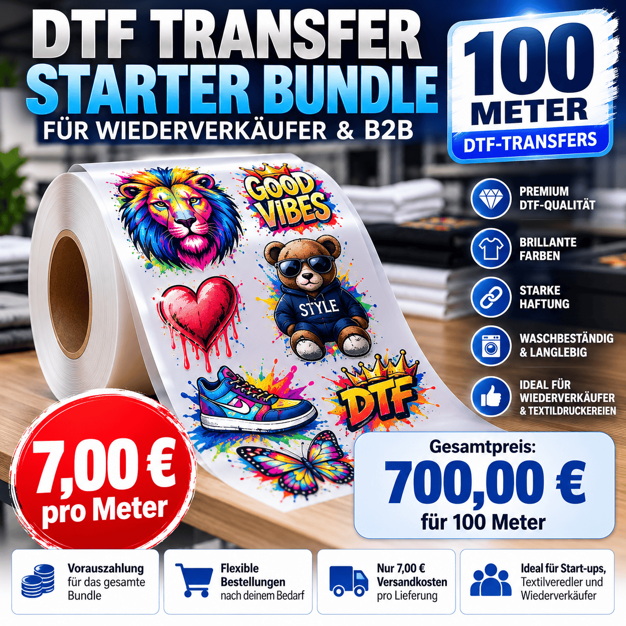 DTF Transfer Bundle 100 Meter – 560 mm breit | B2B & Wiederverkäufer