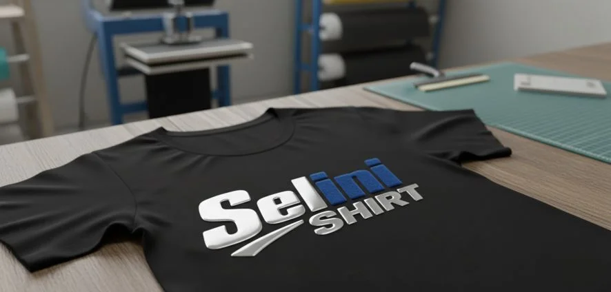 Flex und Flockfoliendruck – Selini-Shirt Logo in Blau